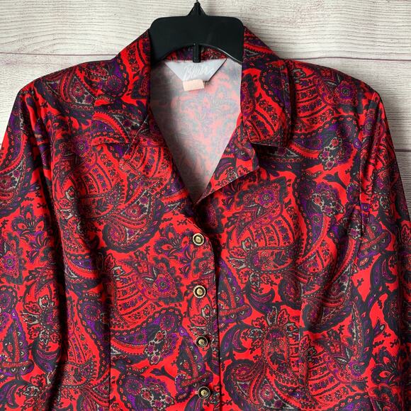 Vintage Blair Red Paisley Button Up Blouse Long Sleeve V-Neck Size 12P - Picture 2 of 15